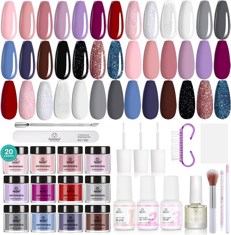 Beetles Dip Powder Nail Kit Starter, 20 Colors Nude Pink Blue Glitter | Dipping Powder Set with Base Top Coat Activator for Nail Art Manicure Modern Muse Collection