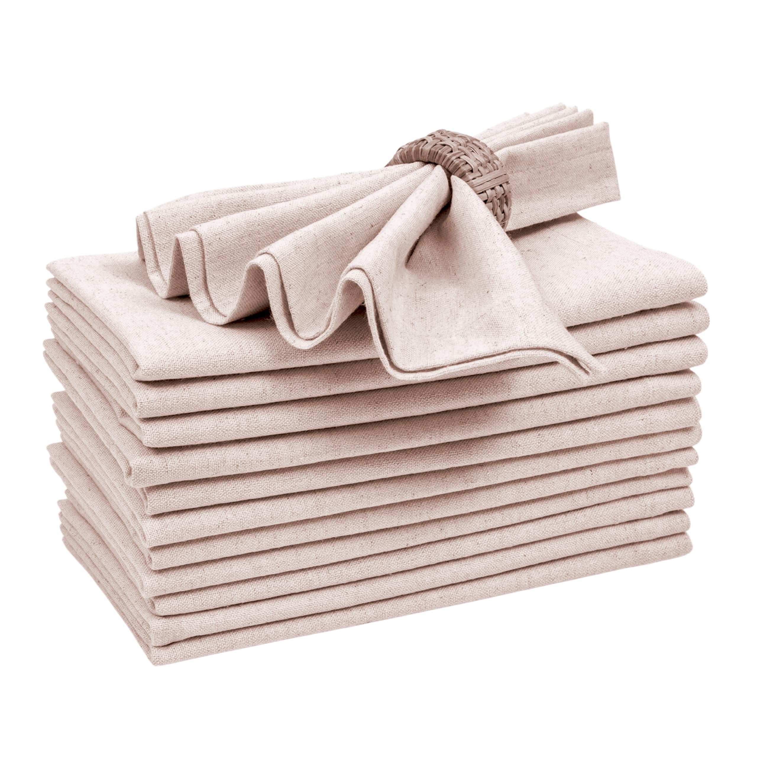 Bedding Craft Linen Flax Cotton Cloth Dinner Napkins, 18x18 Inches, Set of 12 - Natural Hemstitch Reusable Napkins for Weddings, Parties, Dinners, Table Decorations - Elegant and Durable Fabric