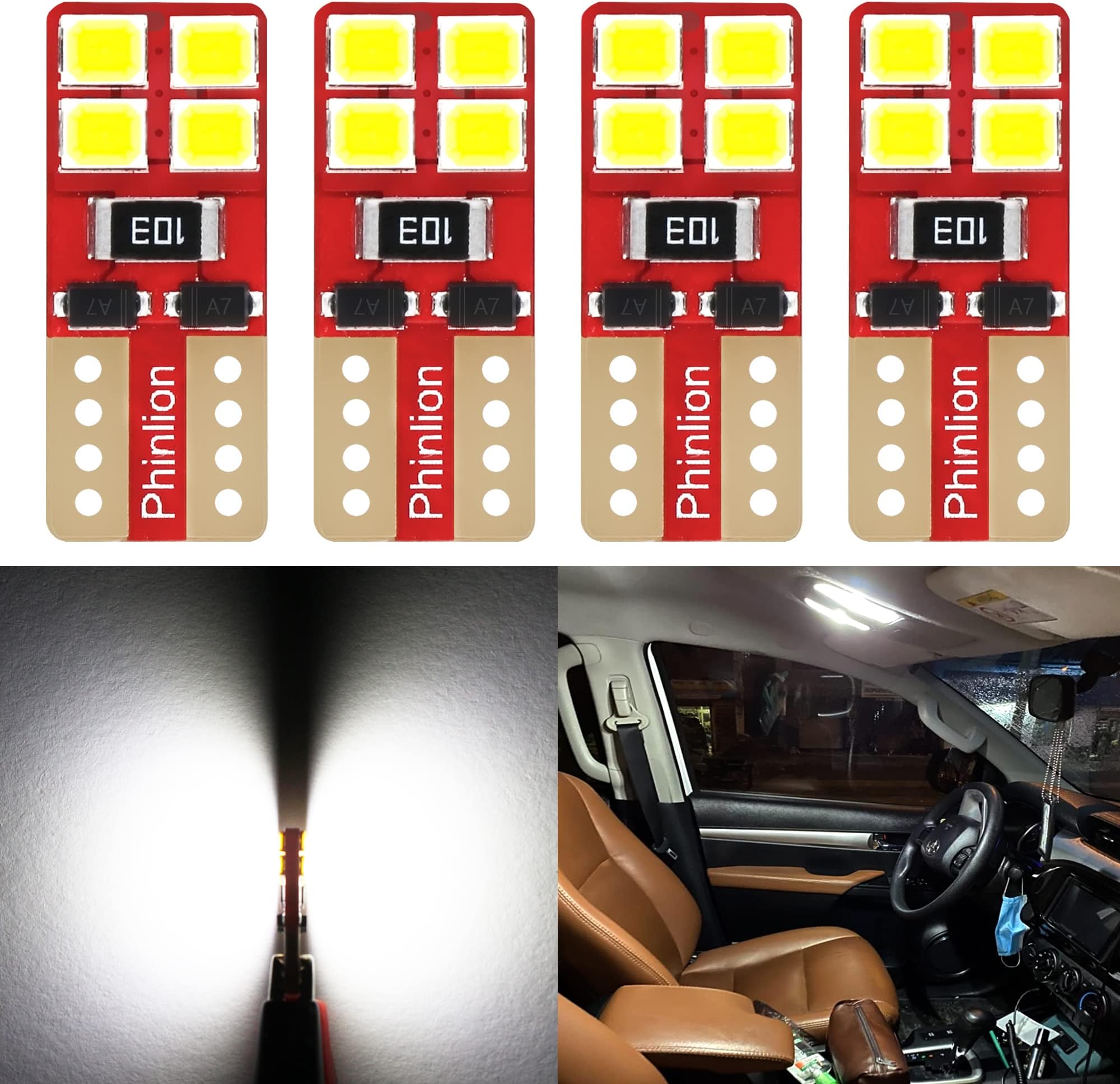 PHINLION 194 LED Light Bulb 6000K White, Super Bright 168 2825 W5W T10 Wedge 8-SMD Chipsets LED Replacement Bulbs for Car Dome Map Door Courtesy License Plate Dash Instrument Lights, Pack of 4