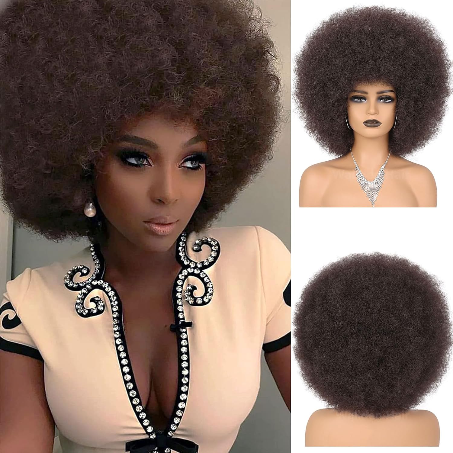 70s Afro Wigs for Black Women Glueless Wear and Go Wig Brown Curly Afro Puff Wig Natural Looking High Temperature Fiber Premium Synthetic Hair Wigs for Women for Party and Daily(#4)