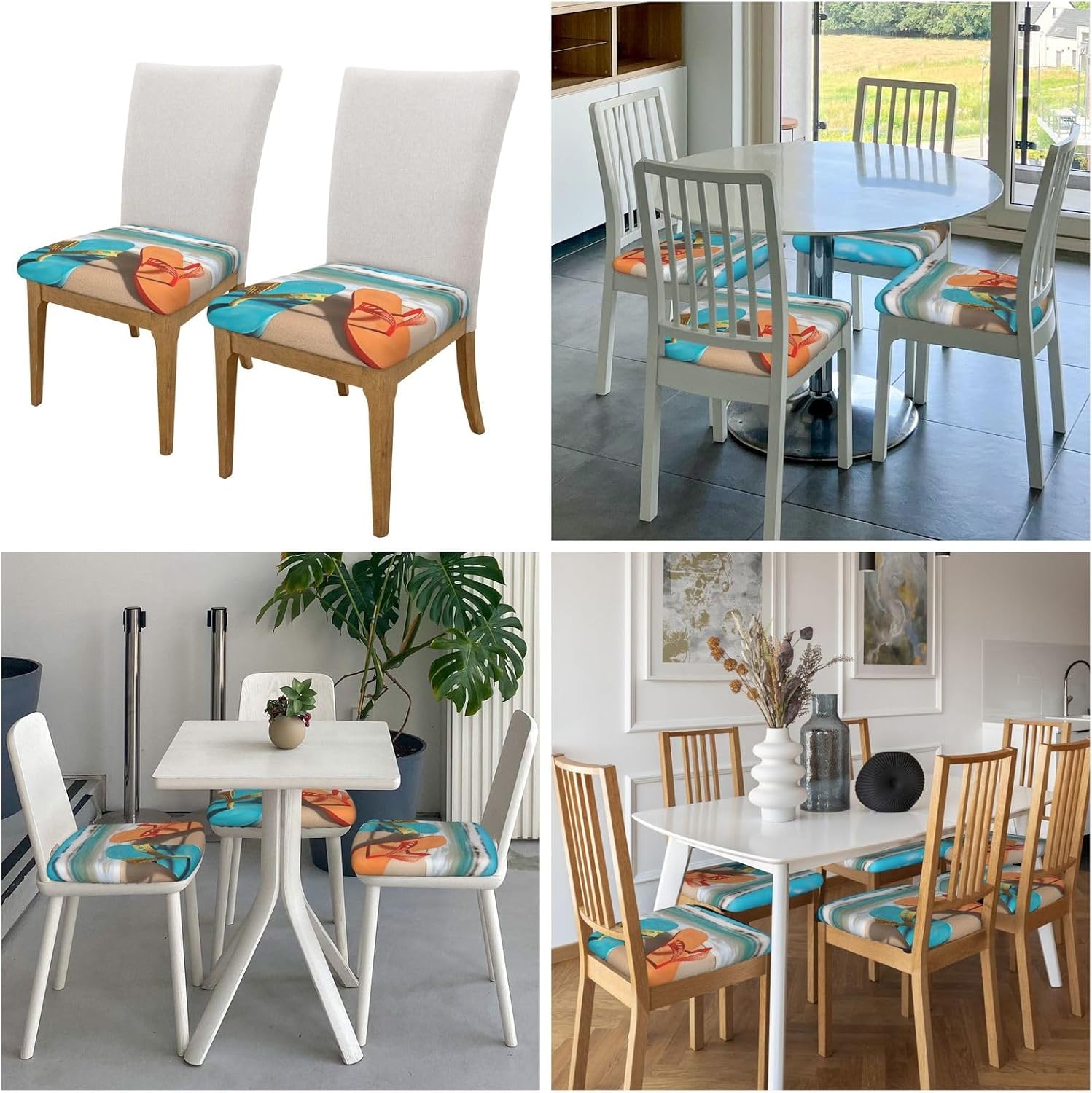 2PCS Stretch Seat Covers Set, Beach Flip Flops Chair Covers for Dining Room, Square Chair Seat Slipcovers with Ties, Removable Washable Dining Chair Protector Seat Cover for Kitchen Office