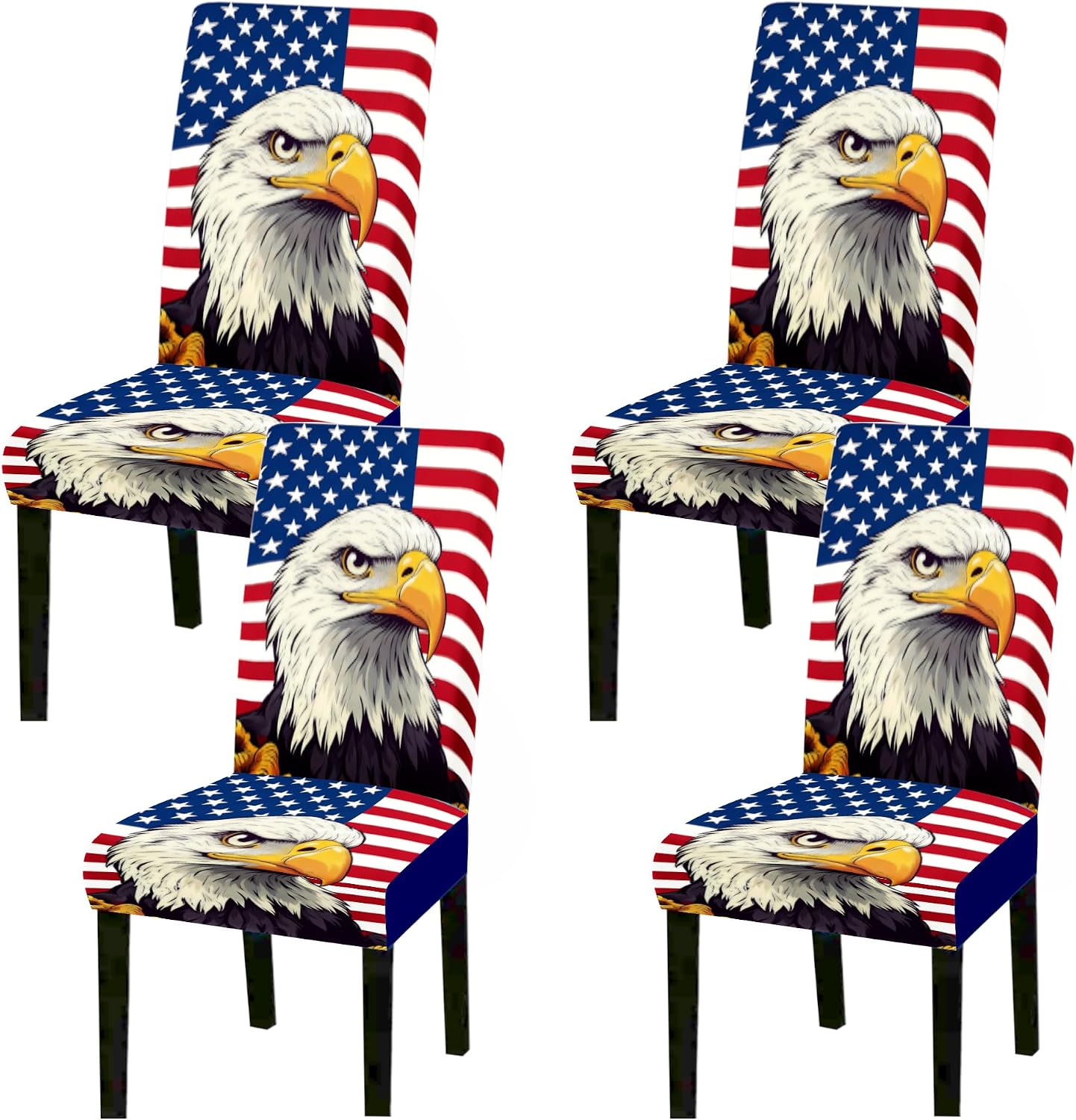 Chair Covers for Dining Chairs Set of 4 Bald Eagle Patriotic Dining Decor | Stretch slipcovers refresh old seats for kitchens, dining rooms, patriotic parties, summer meals and family gatherings.