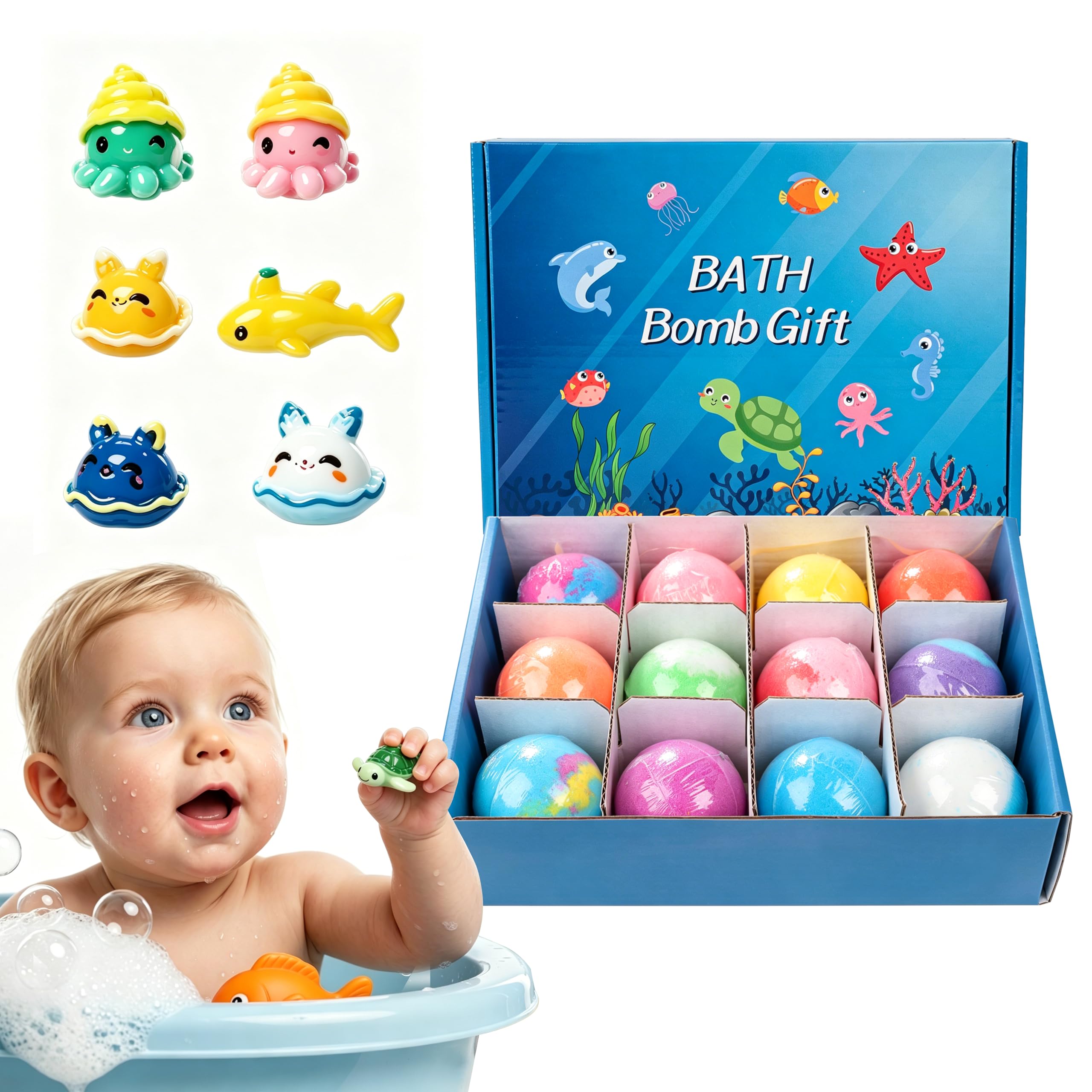 12 Stück Badekugeln mit Überraschungs - Badekugeln Badebomben für Kinder Spielzeug (Meeresserie), Schaumbadebomben, bade bomben, bath gift, bath bomb gift set, für Mädchen und Jungen