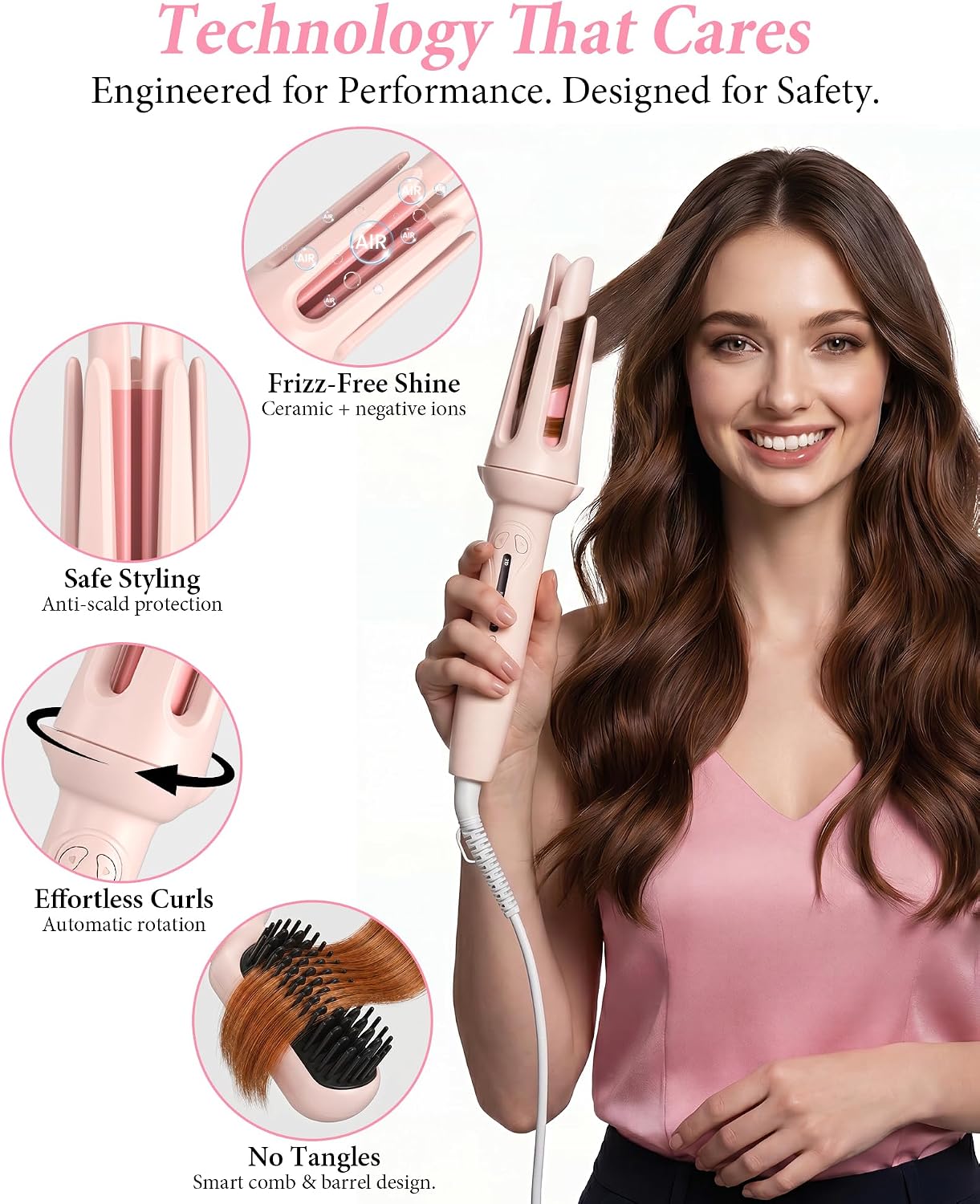Auto Hair Curler, 3 in 1 Portable Automatic Curling Iron Set(1" + 1.25") & Straightening Brush, Rotating Ceramic Curler, 3 Temp and Timer Reminder, Dual Voltage, Anti-Tangle and Scalding(Pink)