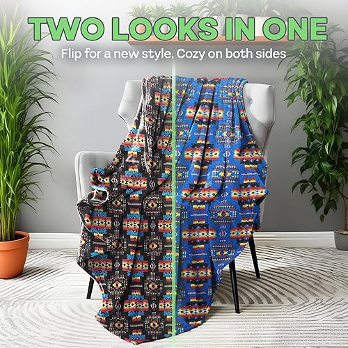 Miniatura 8 de Sacred Thread Manta de vellón de 79 x 95 pulgadas, mantas mexicanas reversibles, mantas aztecas vibrantes para decoración azteca para el hogar,