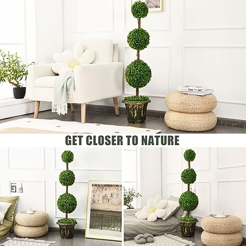 Miniatura 7 de GORELAX Árbol artificial de boj de 4 pies, bolas triples Topiary en maceta de plástico rellena de cemento, plantas sintéticas para porche delantero,