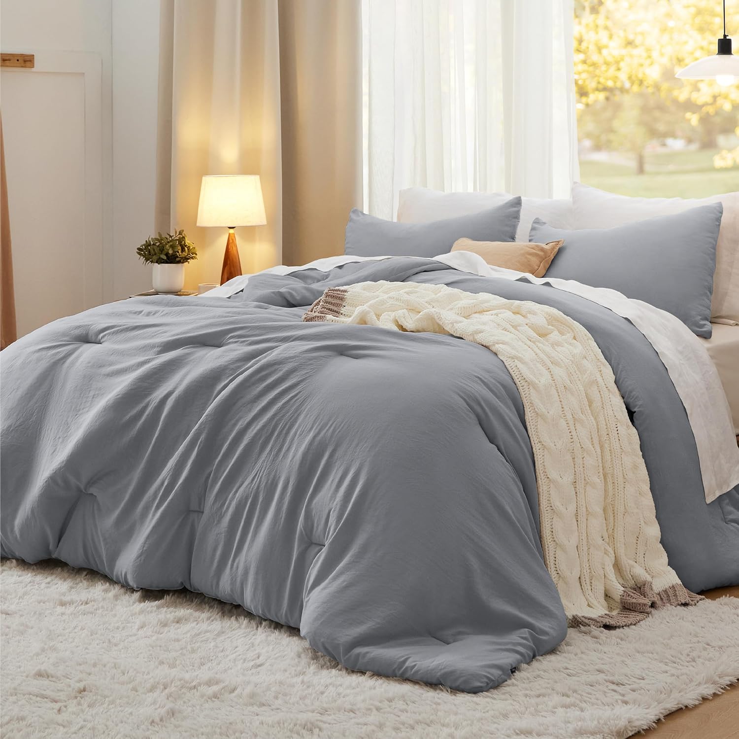 Bedsure Full Comforter Set, Grey Soft Prewashed Bedding for All Seasons, 3 Pieces GentleSoft™ Bed Set, 1 Lightweight Comforter (82"x86") and 2 Pillowcases (20"x26")