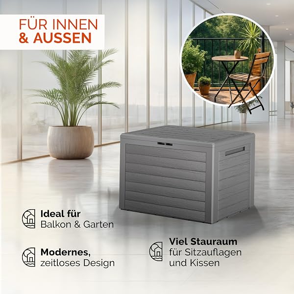 Casaria® Gartenbox 190L UV-beständig Griffmulden Verschlussvorrichtung Balkon Terrasse Wohnzimmer Wintergarten Box Kissenbox 78x44cm Holz-Optik Grau - 4