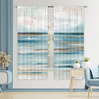 Cinbloo Abstract Beach Curtains 42Wx63H Inch Rod Pocket Teal Ocean Sea Wave Oil Painting Seagull Mountain Nature Scenery Art Printed Summer Hawaii Living Room Bedroom Window Drapes Treatment 2 Panel