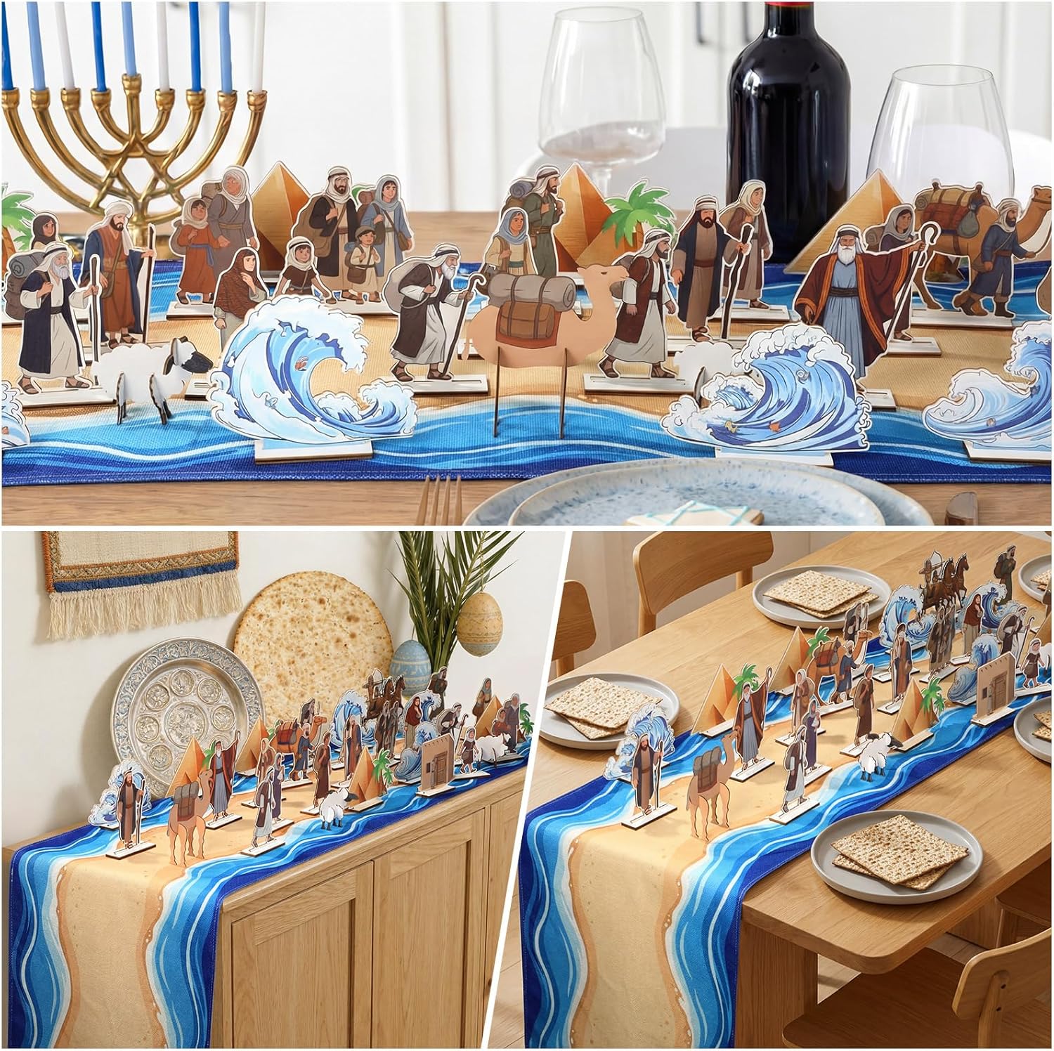 Capoda 31 Set Passover Table Centerpiece Happy Passover Table Runner and Wooden Signs with Base Decorations Wood Jewish Pesach Decor for Pesach Seder Festival Holiday Party Supplies Meal Home Decor