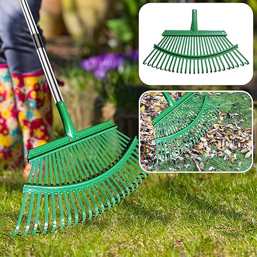 Miniatura 5 de Juego de rastrillo de hojas de metal ajustable, 25 dientes, mango de 38 a 73 pulgadas, 19 pulgadas de ancho con 2 bolsas de hojas y cucharas de 32
