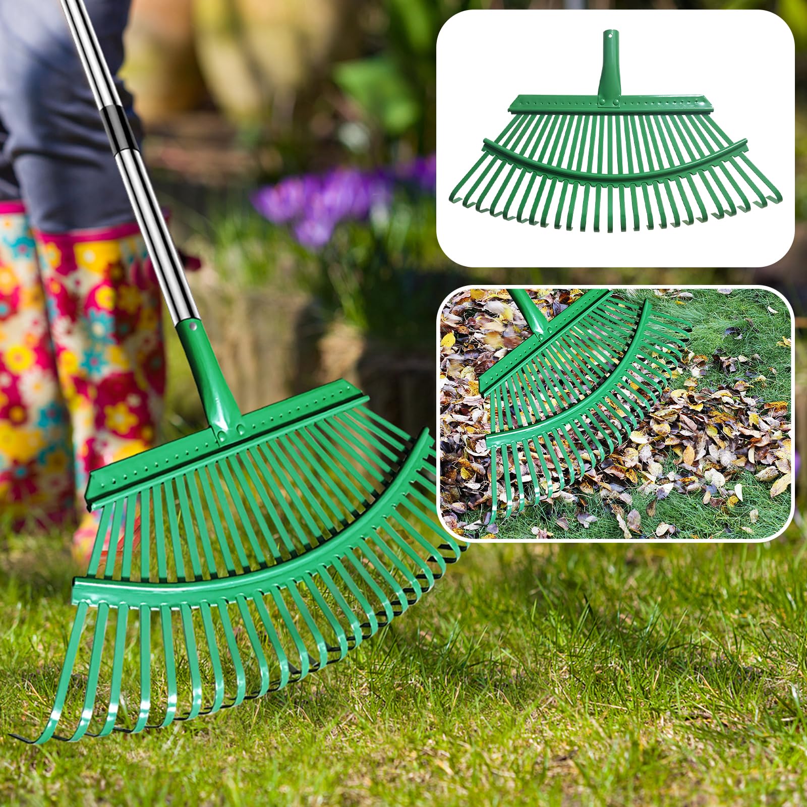Juego de rastrillo de hojas de jardín 5 en 1, rastrillo de hojas ajustable con 2 bolsas colectoras de hojas grandes, un par de agarradores de hojas y un par de guantes de trabajo para limpieza de