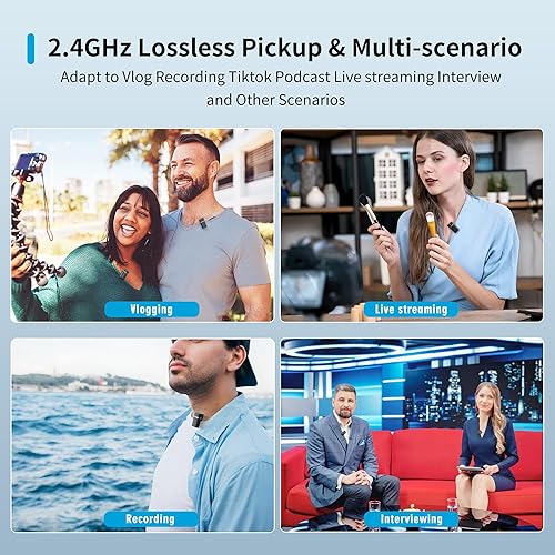 Miniatura 5 de Tokdance Paquete de 2 mini micrófonos de solapa inalámbricos 3 en 1, batería de 18 horas, retardo ultra bajo de 2.4 G, sistema de micrófono de