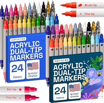 ARTISTRO School Project & Teachers Must Have Bright & Bold 48Pack Acrylic Paint Marker Set DualTip Dot, Fine, Brush - MultiSurface Budget Bundle