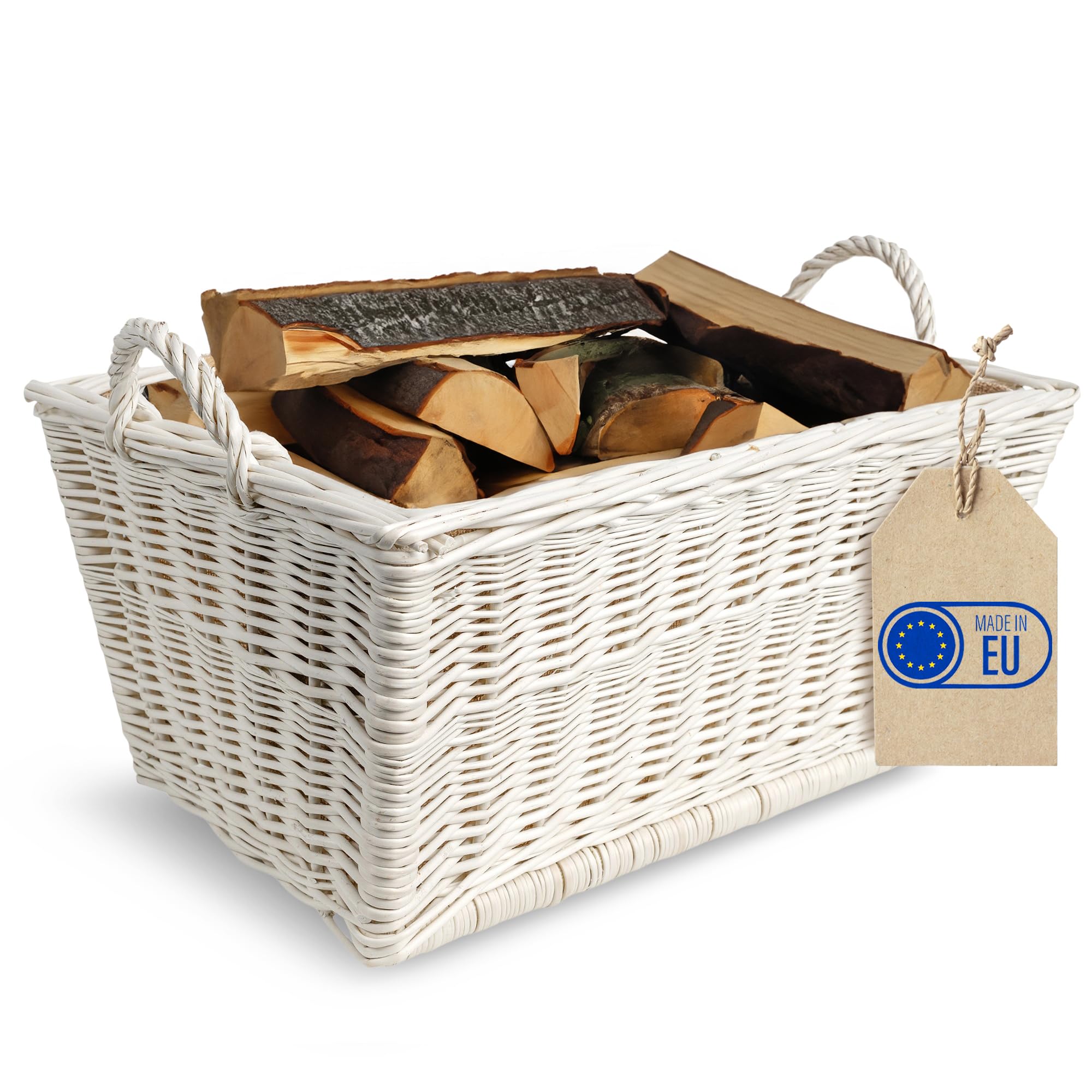 Creative Home Cesta de Mimbre Blanca para Almacenar Leña 47x33x30cm | Tela de Yute | Asas | Rectangular Grande | Tejida a Mano Duradera Interior | Sauce Grueso Natural | Multiuso