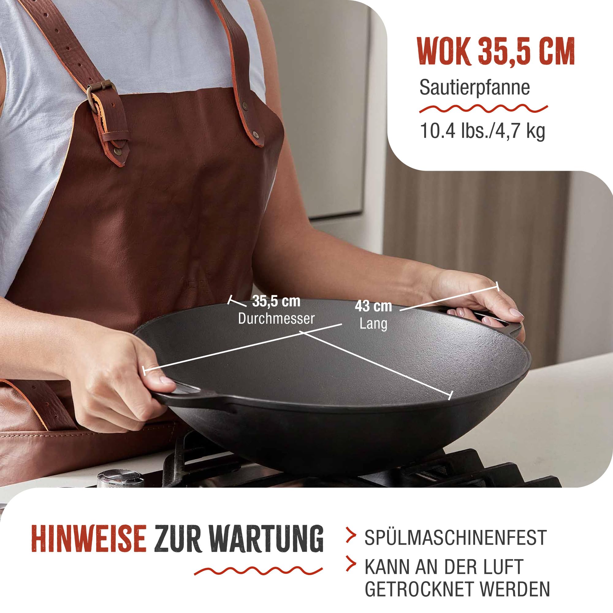 Victoria Emaillierte Gusseisen Wok Pfanne Induction 35,5cm Bratpfanne Geeignet für Feuer, Grill, Backofen, Ceranfeld, Gas, Cast Iron Skillet, Toxic Free Kochgeschirr ohne PTFE oder PFOA