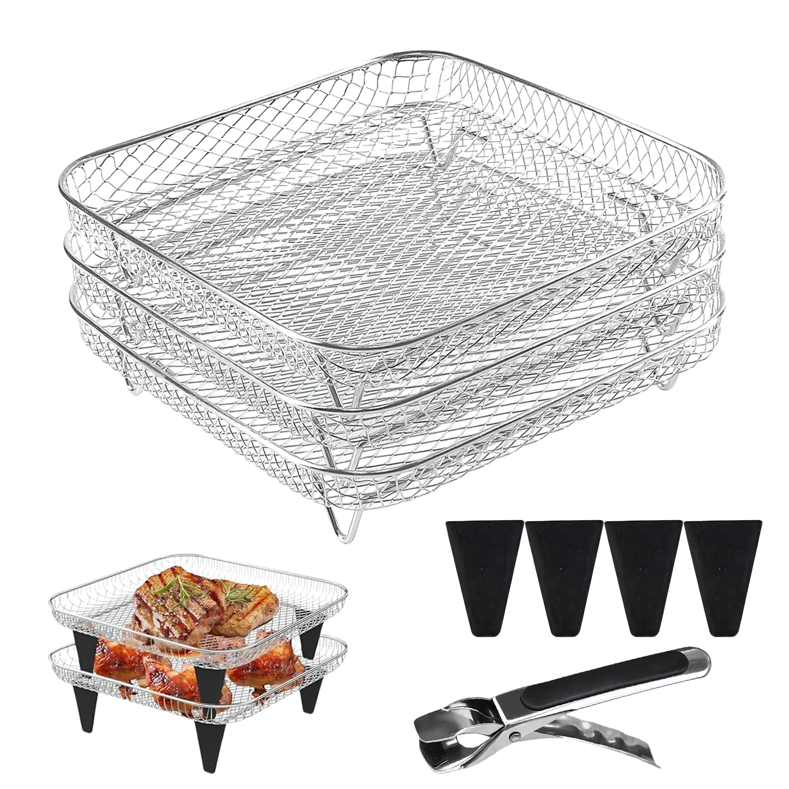 Griglia per Friggitrice ad Aria, 3 Pezzi, Impilabile in Acciaio Inossidabile, Cestello Multistrato per Frittura, Accessori per Friggitrice ad Aria con 4 Piedini in Silicone