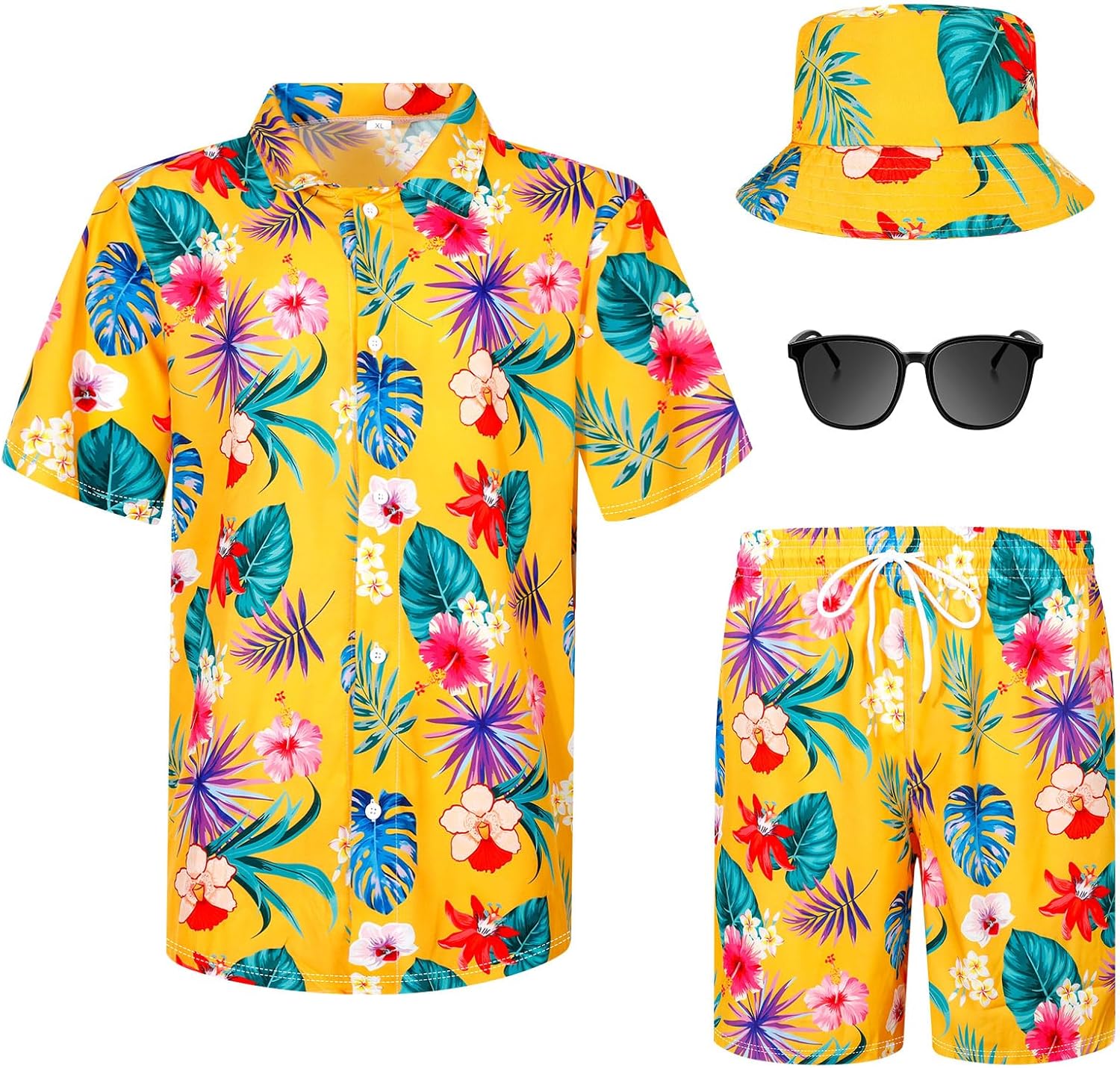 Harloon 4Pc Men's Hawaiian Shirt and Short Set Casual Button Down Flower Outfits with Bucket Hat Sunglasses Halloween Tourist