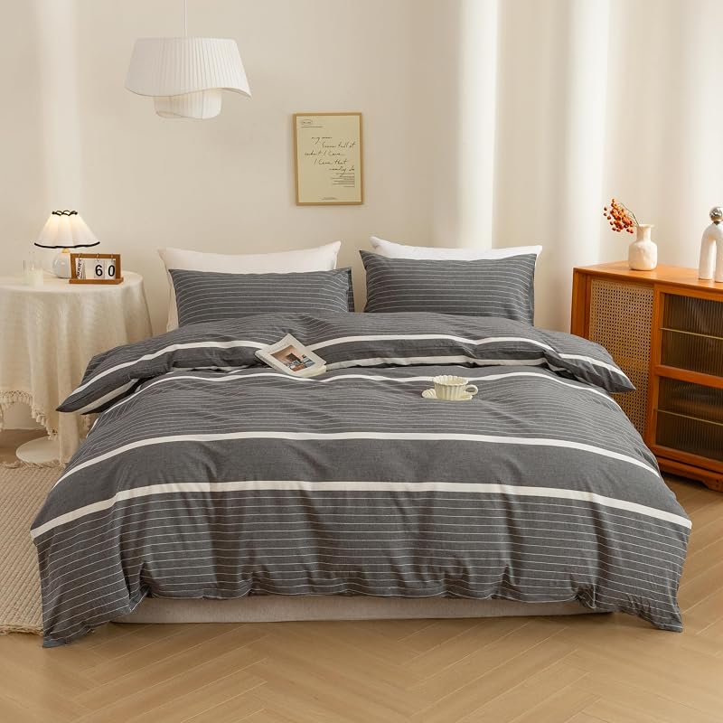 ECOCOTT Duvet Cover Set, 100% Washed Cotton Linen-Like Textured Soft & Breathable, Durable Comfy Bedding Set for All Seasons California King Size, Grey Stripes
