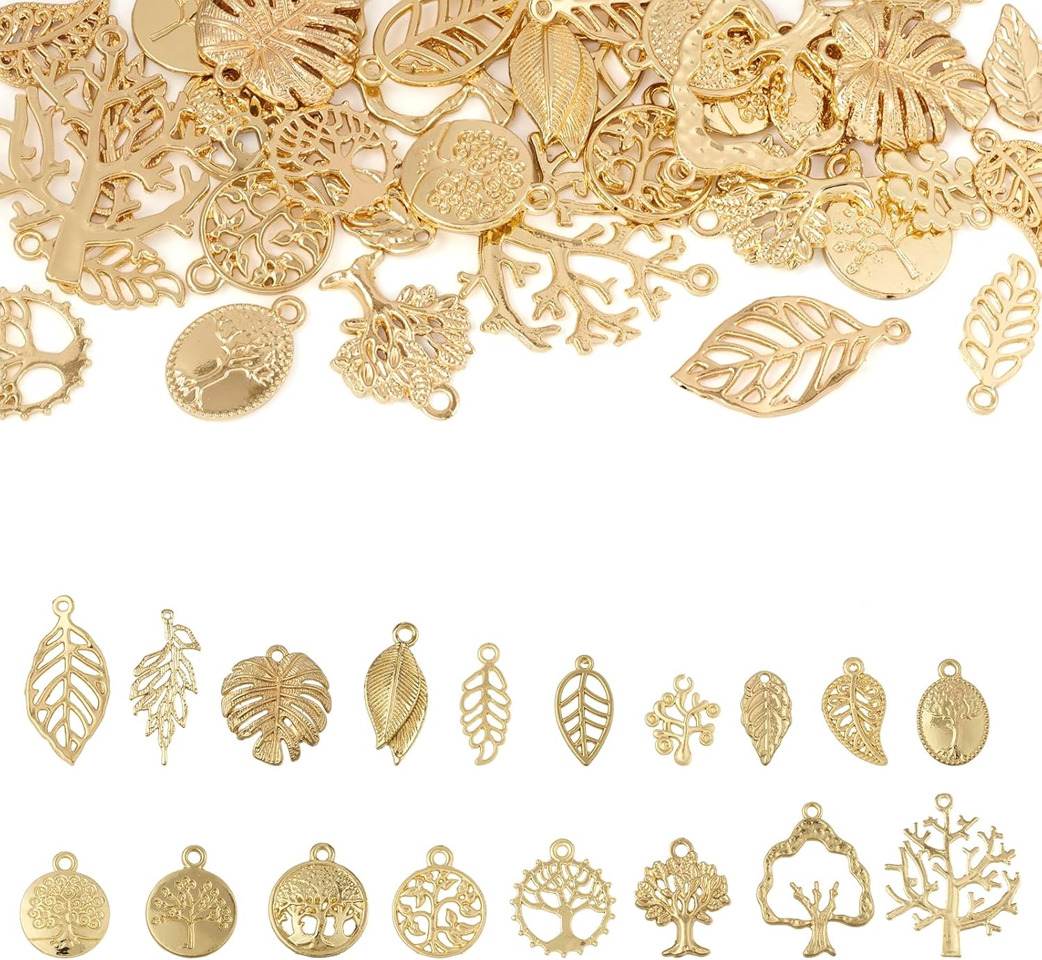 18 Styles Tree Leaf Charms Tibetan Branch Leaves Charms Metal Leaf Filigree Pendants Antique Gold Vintage Leaf Pendants for Earring Bracelet Necklace Kaychain Jewelry Making 36pcs