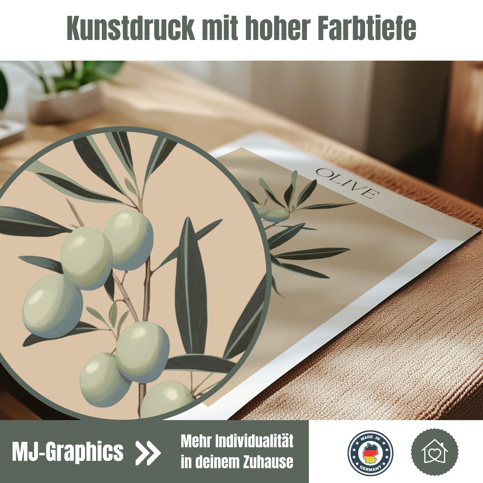 MJ-GRAPHICS® Olivenzweig Poster Natur Wandbild Deko A2 mit braunem Rahmen