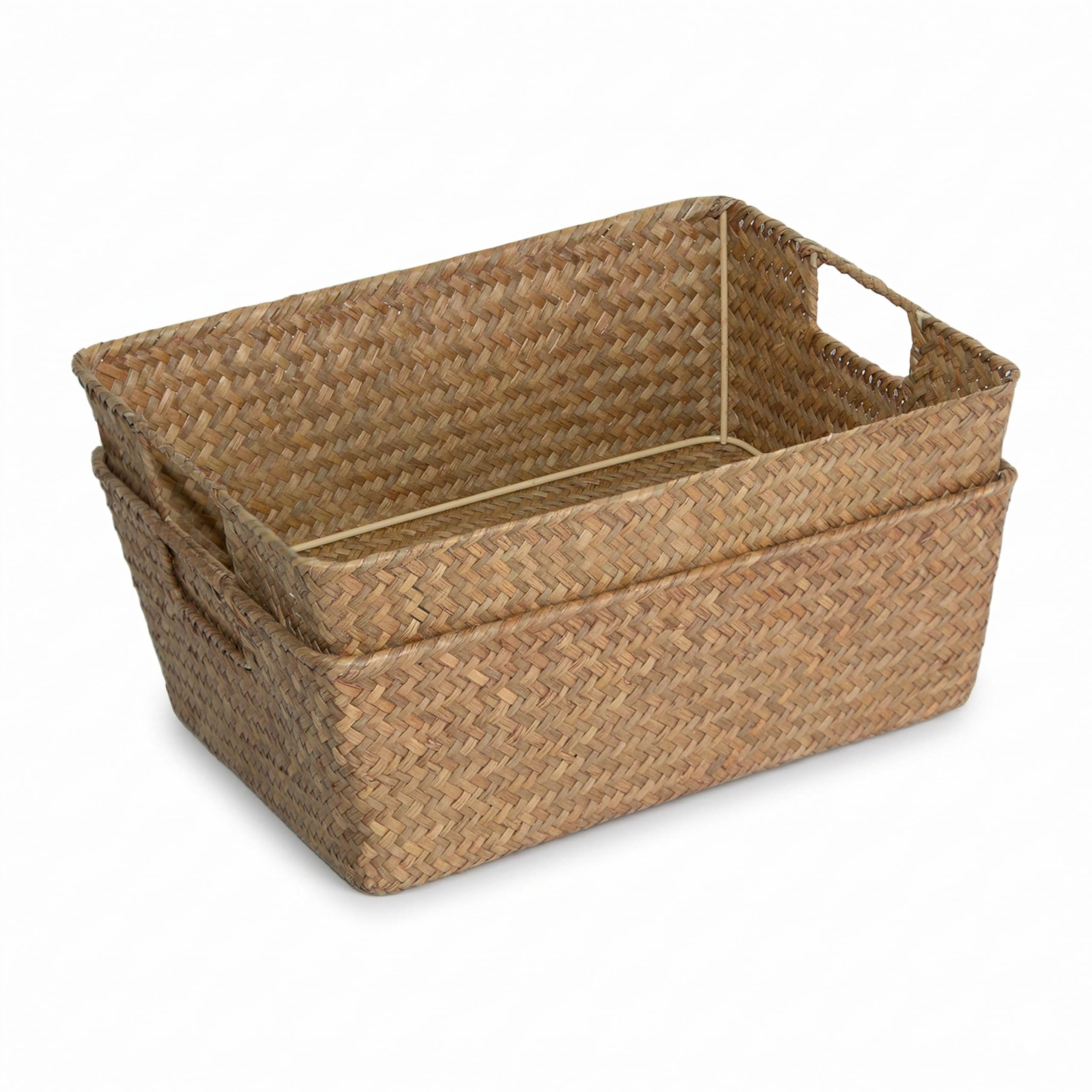 Wickerfield Set of 2 Seagrass Storage Baskets for Shelves, Woven Wicker Storage Hamper Basket for Gifts, Rattan Storage Basket Bathroom Bedroom, Decorative Wooden Towel Baskets