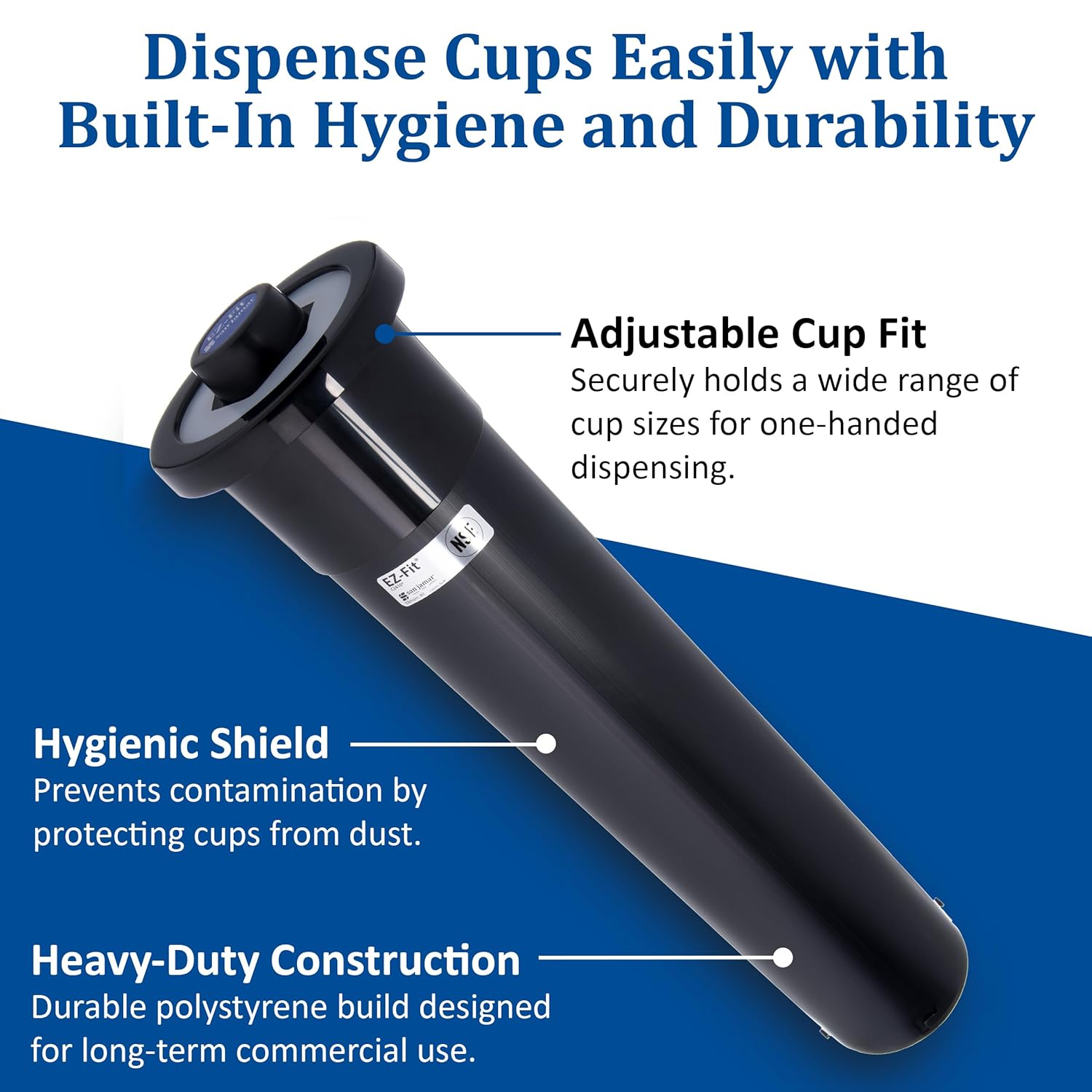 San Jamar Euro Ez-Fit in Counter Cup Dispenser Fits 6 - 24 Oz Cups with Interchangeable Gaskets for Restaurants, Dining Halls, and Fast Food, Plastic, 18 Inches, Black