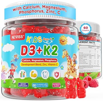 Vitamin D3 K2 Gummies for Kids & Teens + Calcium, Magnesium, Zinc, Phosphorus, C, Kids Multivitamin D3 & K2 Supplement for Bone Health, Calcium Absorption, Focus & Immunity, Non GMO, Sugar Free, 60Cts