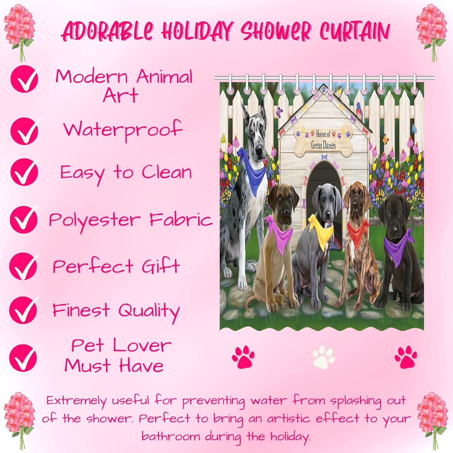 Spring Dog House Great Dane Dogs Shower Curtain - Waterproof Polyester One-Side Printing Pet Bathtub Curtain Decor Curtain for Bathroom with Hooks, 69"x70"