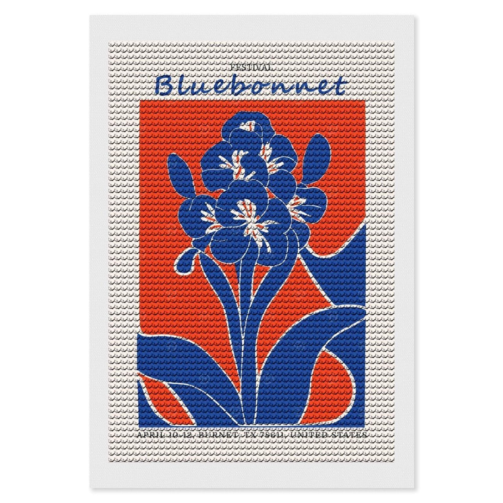 Junmoney Bluebonnet Festival Texas Diamond Painting Set 8"x12", Full Kit Included, Sparkling Round Gems, Farmhouse Decor, Festive Craft Gift