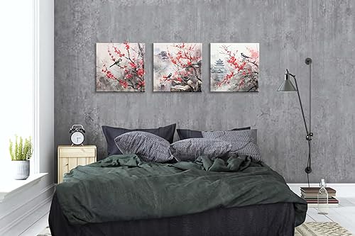 Miniatura 3 de Acuarela de estilo asiático tradicional chino arte de pared pájaro en flor de cerezo rojo, decoración de paisaje floral oriental, pintura de flores,