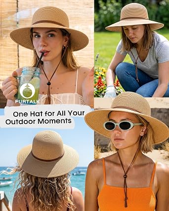 FURTALK Womens Wide Brim Sun Hat with Wind Lanyard UPF Summer Straw Sun Hats for Women