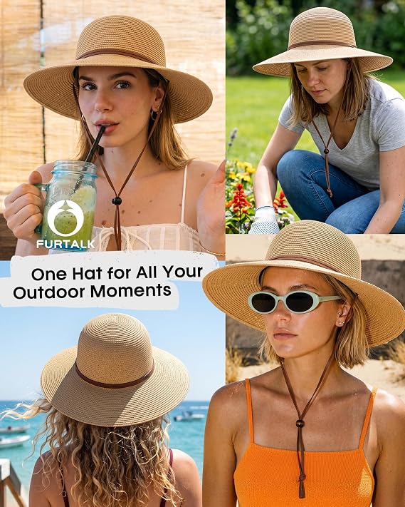 FURTALK Womens Wide Brim Sun Hat with Wind Lanyard UPF Summer Straw Sun Hats for Women