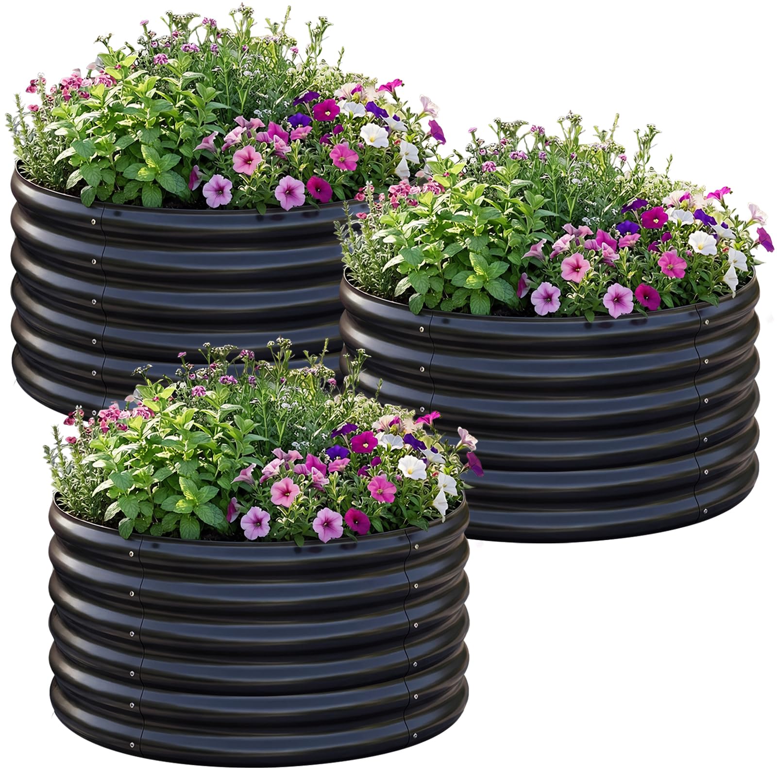 AHEONLAR 3PCS 2x2x2FT Galvanized Raised Garden Bed Kit Round Metal Flower Box Large Planter Raised Beds Outdoor Garden for Planting,Fruit,Herb Black