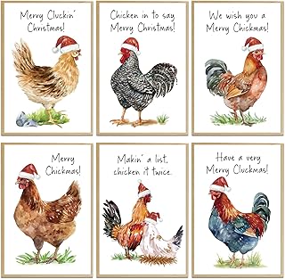 Supoeguk 24 Funny Chicken Christmas Card Set, Watercolor Chicken Christmas Cards with Envelopes and Stickers, Cute Holiday Cards for Kids School, 4 x 6 In(6 Designs, 4 Each)