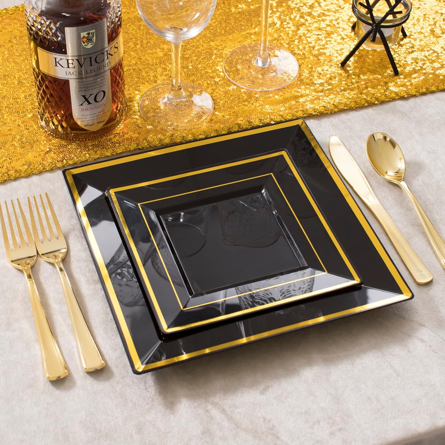WDF 125Pieces Black Square Plastic Plates with Gold Rim Gold Disposable Silverware - include 25Pcs Dinner Plates,25Pcs Dessert Plates,25 Forks, 25 Knives, 25 Spoons for New Year - Image 6