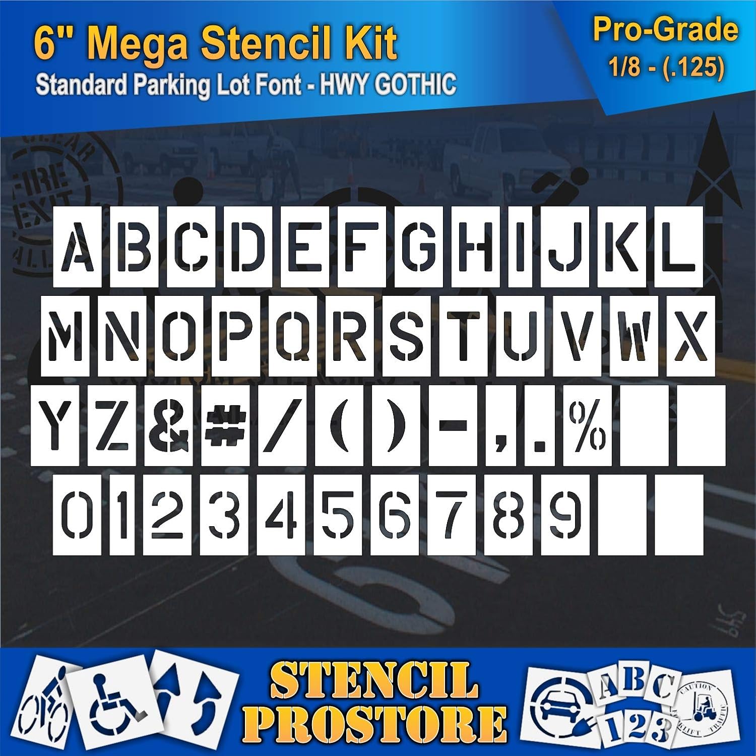 Curb & Median Stencils - 6 inch MEGA Alpha/NUM Set - (64 Piece) - 6" x 4" x 1/8" (128 mil) - Pro-Grade