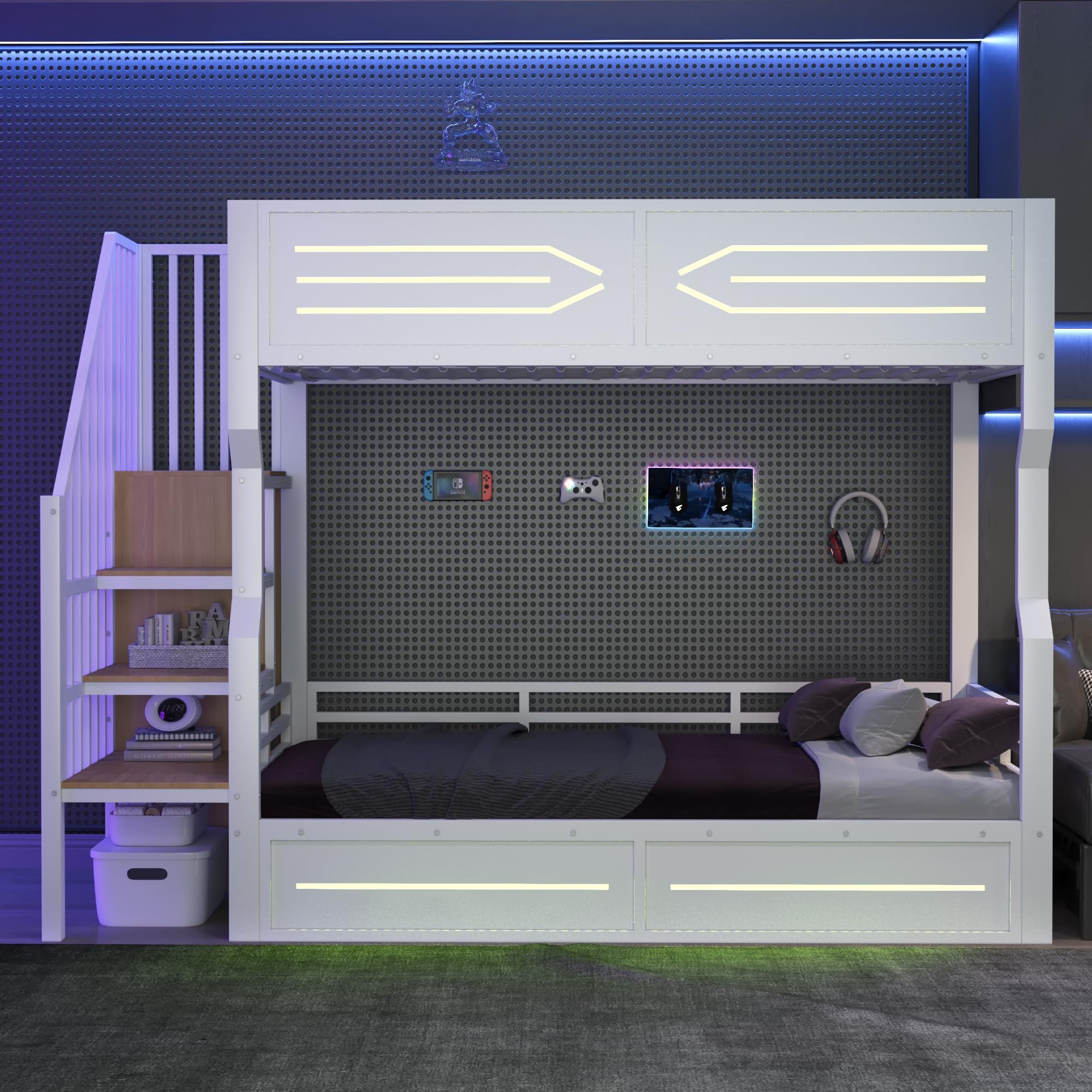 Etagenbett Kinderbett 90x200 cm mit LED und Stauraum, Metallbett Hochbett mit Treppe im Schrankstil und Rausfallschutz, Jugendbett Stockbett Bettgestell mit Lattenrost, Weiß, Ohne Matratze