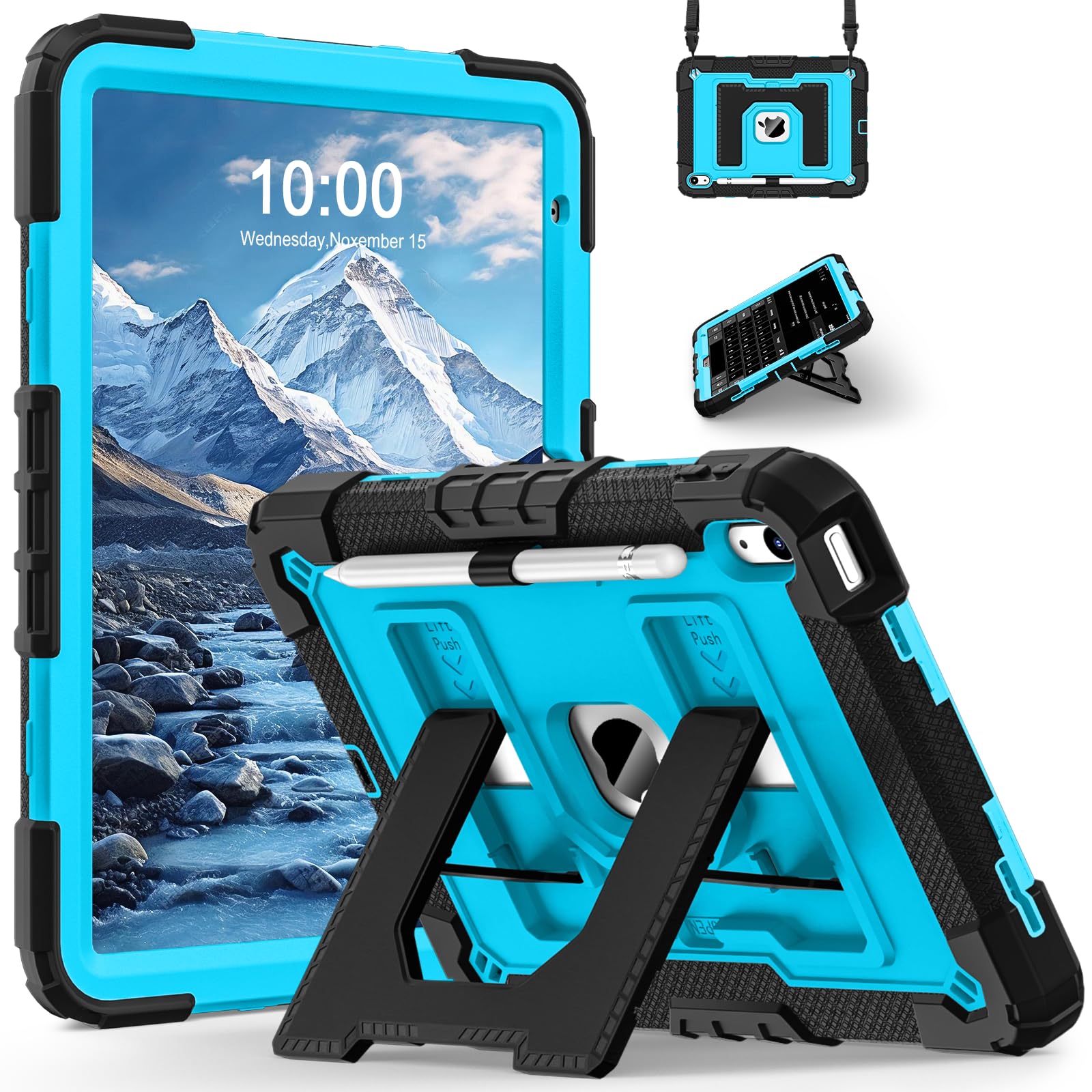 for iPad (A16) 11th/10th Generation 11.0/10.9 Inch 2025/2022 | Shoulder Strap/Pencil Holder,Full-Body Drop Protection Cases for iPad 11th/10th Generation iPad A16 Case,Black Blue