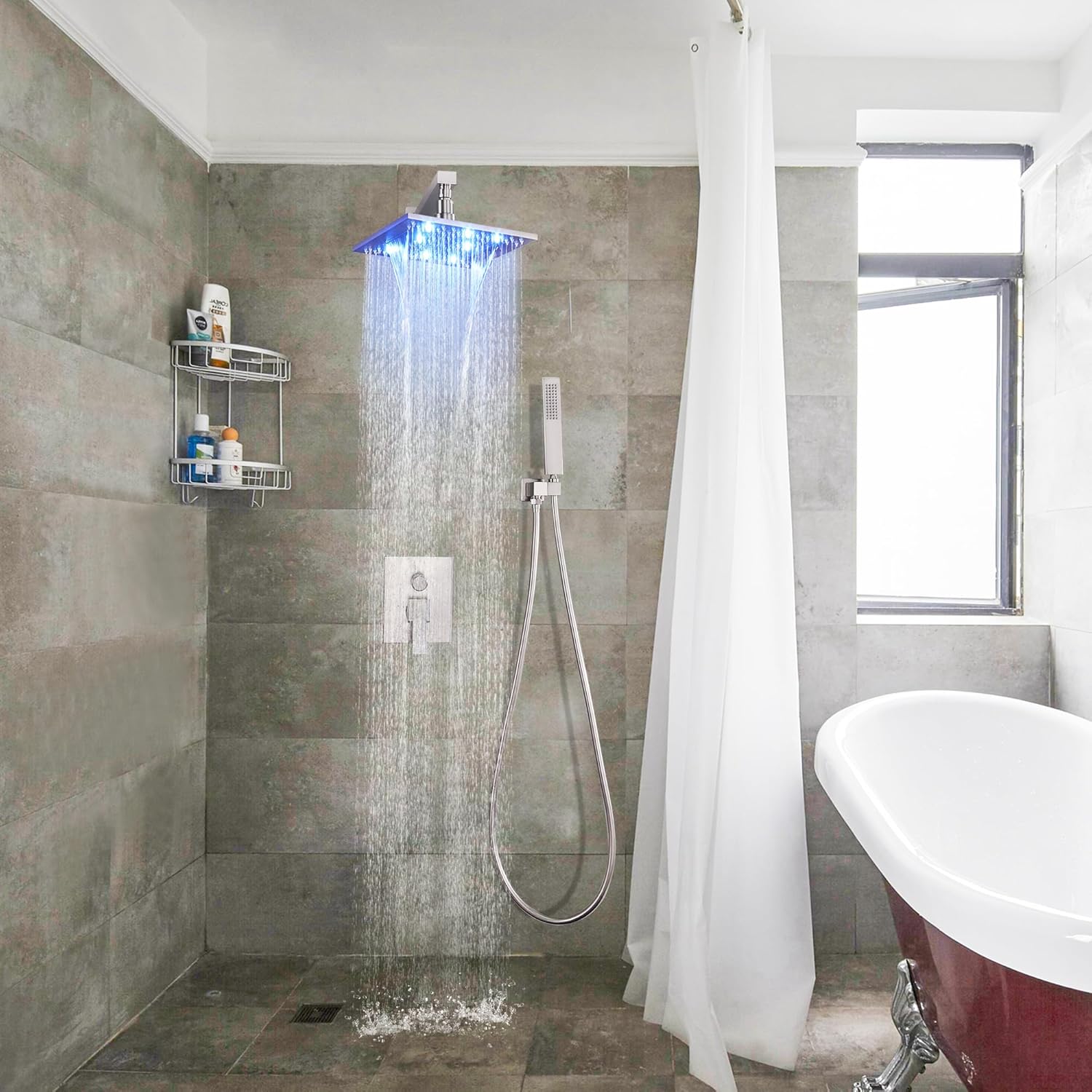 SKOWLL Shower Systems with Rain Shower and Handheld, Brushed Nickel Shower System with 10 Inch LED Waterfall Showerhead Combo Rough-in Mixer Valve