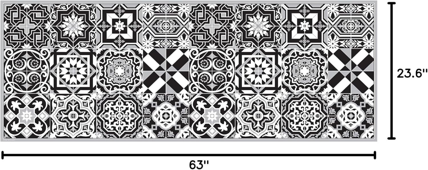 IRI-GIRI Vinyl Kitchen Floor Mat Decorative Linoleum PVC Rug Runner Tile Flooring, Colorful, Durable, Anti-Slip, Hand Washable, and Protects Floors 63" x 23.6", Black and White 272