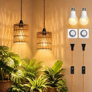 2 Pack Hanging Grow Lights for Indoor Plants Boho Rattan Plant Light | 15FT Power Cord with Timer, 15W Full Spectrum Pendant Plant Lights for Indoor Growing Greenhouse Flowers Home Decor