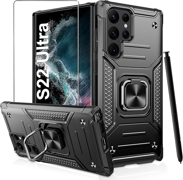 Jshru ShockProof Case for Samsung S22 Ultra 5G, [Military Grade Drop Tested] Tough Armour S22 Ultra Cover with Ring Kickstand,Anti-Scratches Case for Samsung Galaxy S22 Ultra,Black
