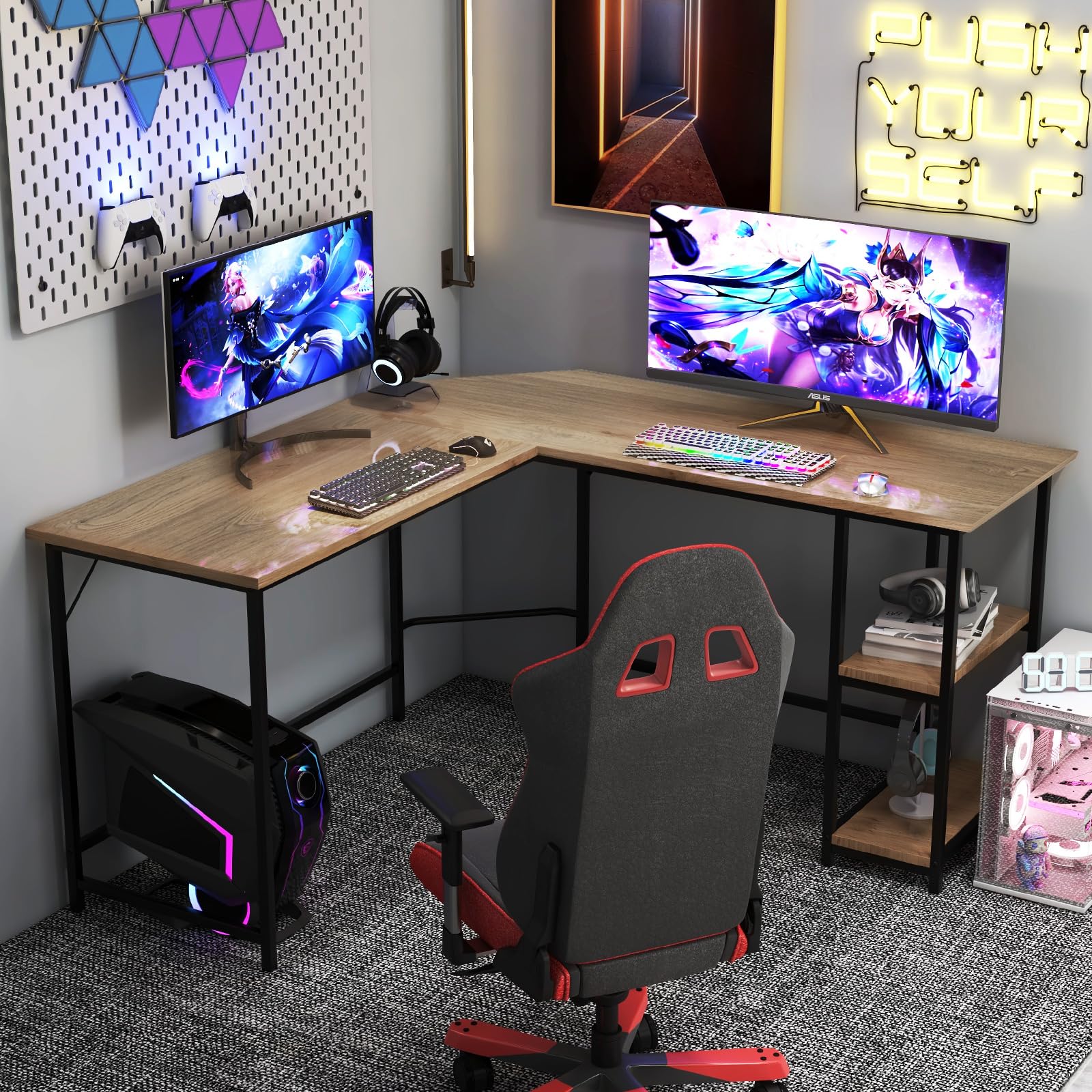 COSTWAY Scrivania Angolare 138 CM, Scrivania ad Angolo con 2 Prese, 2 Porte USB, Telaio in Acciaio al Carbonio e Ripiano a 2 Livelli Rimovibile, Scrivania Salvaspazio da Ufficio e Casa (Legno)