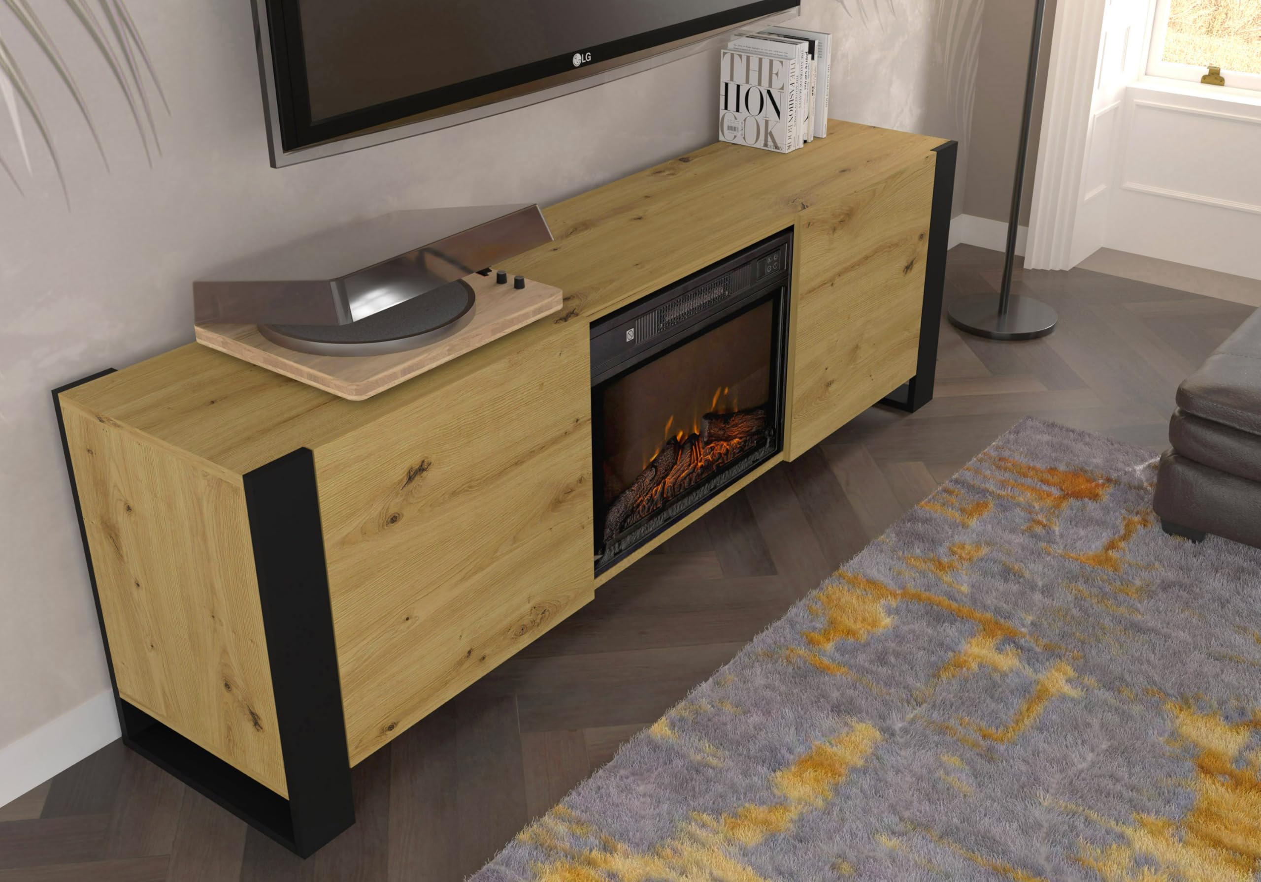 Homlando TV Schrank mit Elektrokamin 180 cm, Lowboard Fernsehtisch für Wohnzimmer, RTV Schrank in Eiche Artisan, modernes TV Möbel mit Kamin, Medienkonsole MONDI