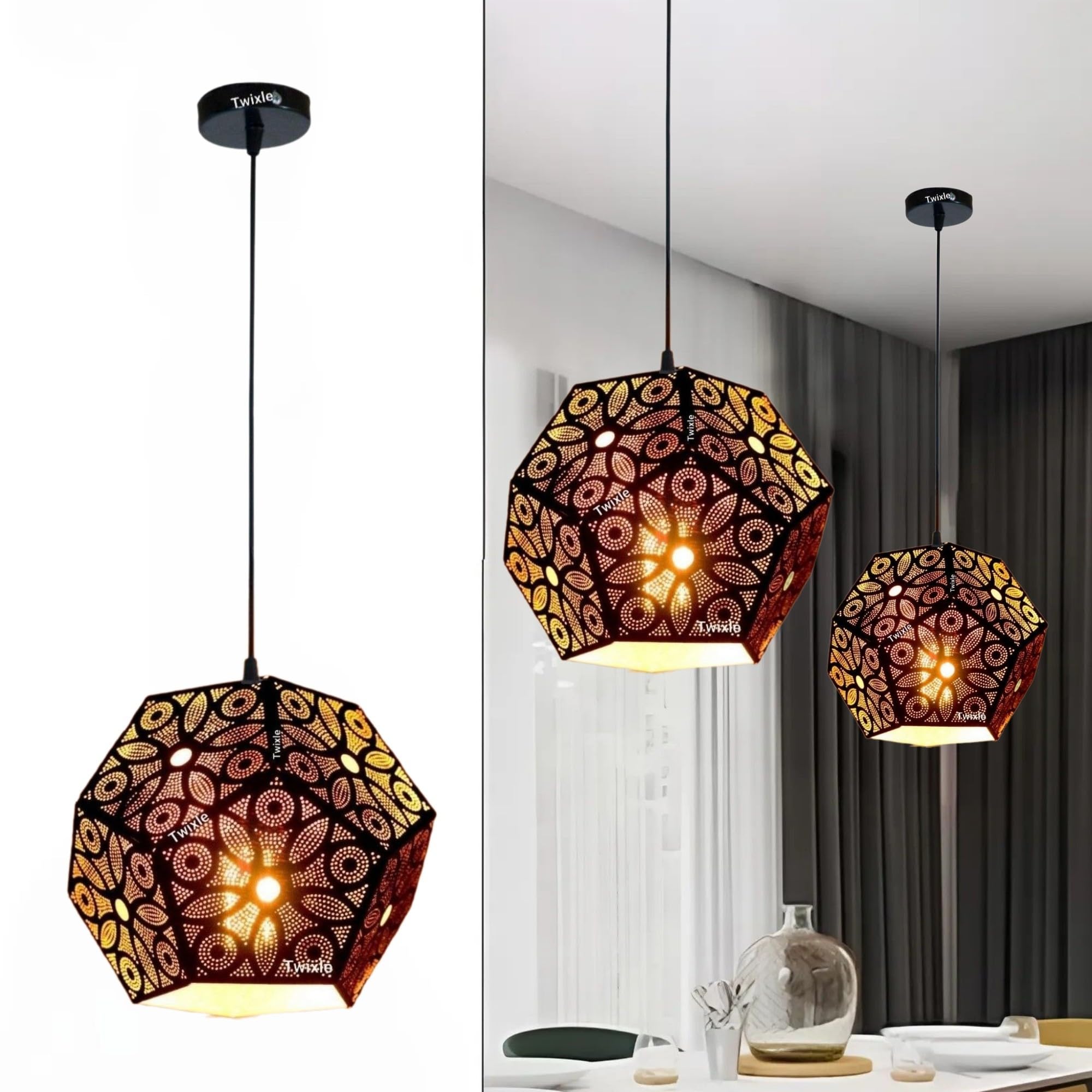 twixle Metal Black Lazer Cutting Hexagonal Hanging Lights for Living Room/Pendant Lights for Ceiling/Hanging Lamps for Home Decoration/Decorative Hanging Lights,Metal (Without Bulb, 1, Pack)-image-45