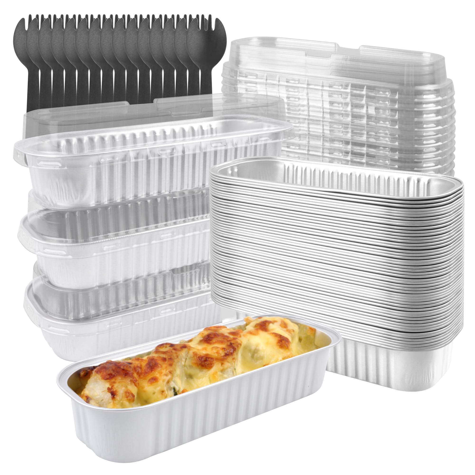50-Pack 6.8oz Rectangular Aluminum Foil Baking Pans - Disposable Mini Cake Pans with Lids, Cheesecake & Bread-White