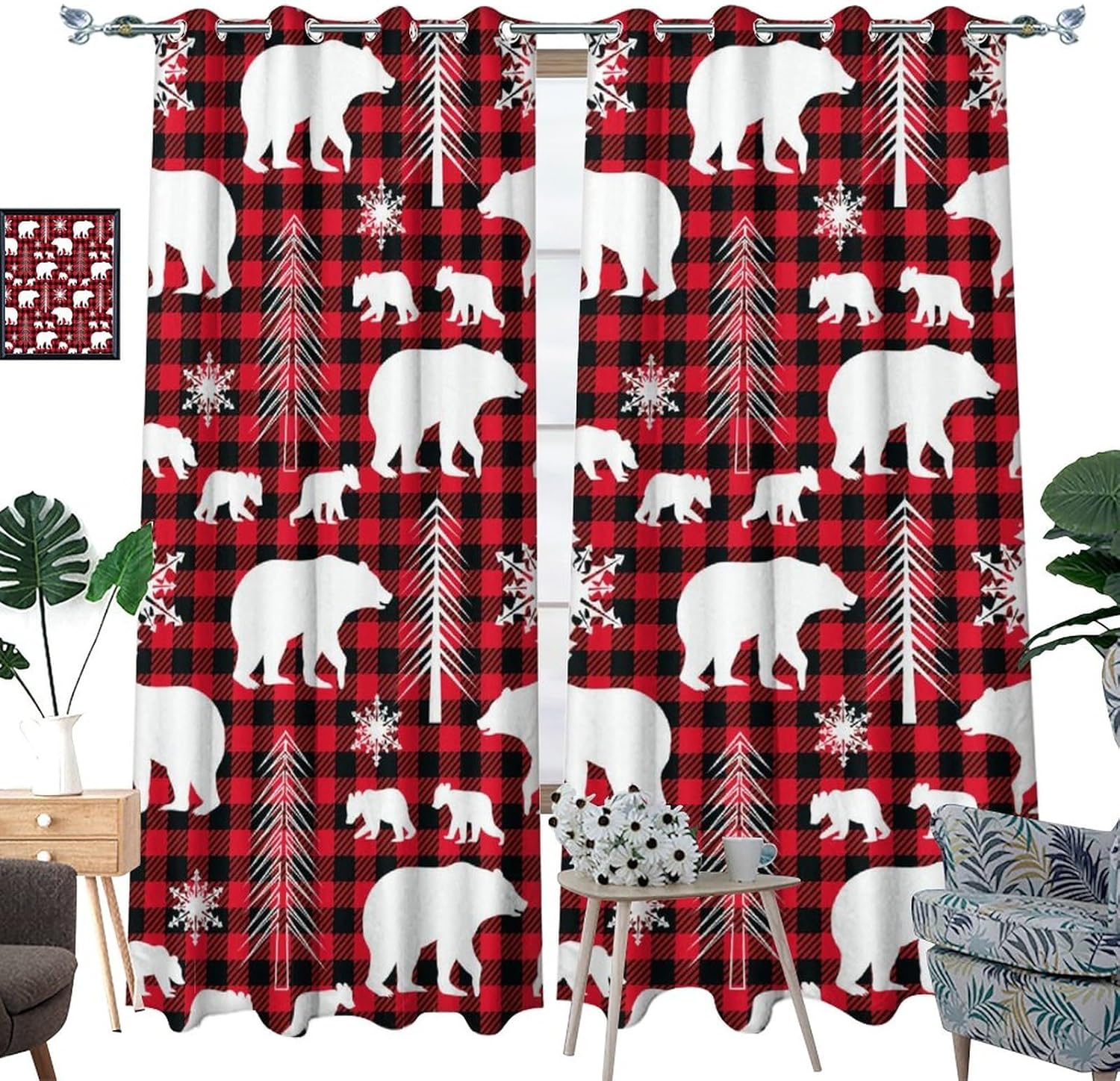 Rustic Christmas Woodland Wildlife Curtains,Cabin Winter Forest Snowflakes Tree Bear Buffalo Plaid Window Drapes Thermal Insulated Grommet Top Blackout Drapes for Bedroom 63L x 21W,2 Panels
