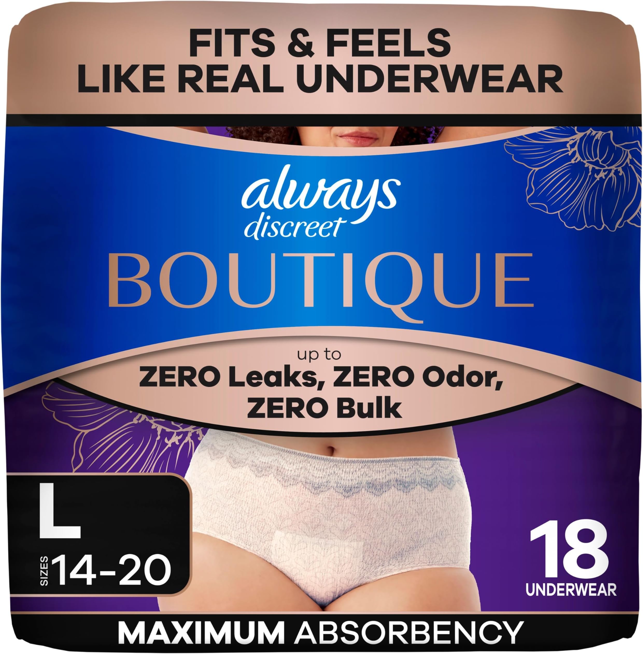 Always Discreet Boutique, Incontinence & Postpartum Underwear for Women, Maximum Protection, Peach, Large, 18 Count (Pack of 1)