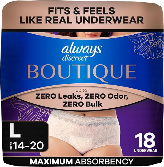 Always Discreet Boutique Incontinence and Postpartum Underwear for Women, Maximum Protection, Large, Rosy, 18 Count